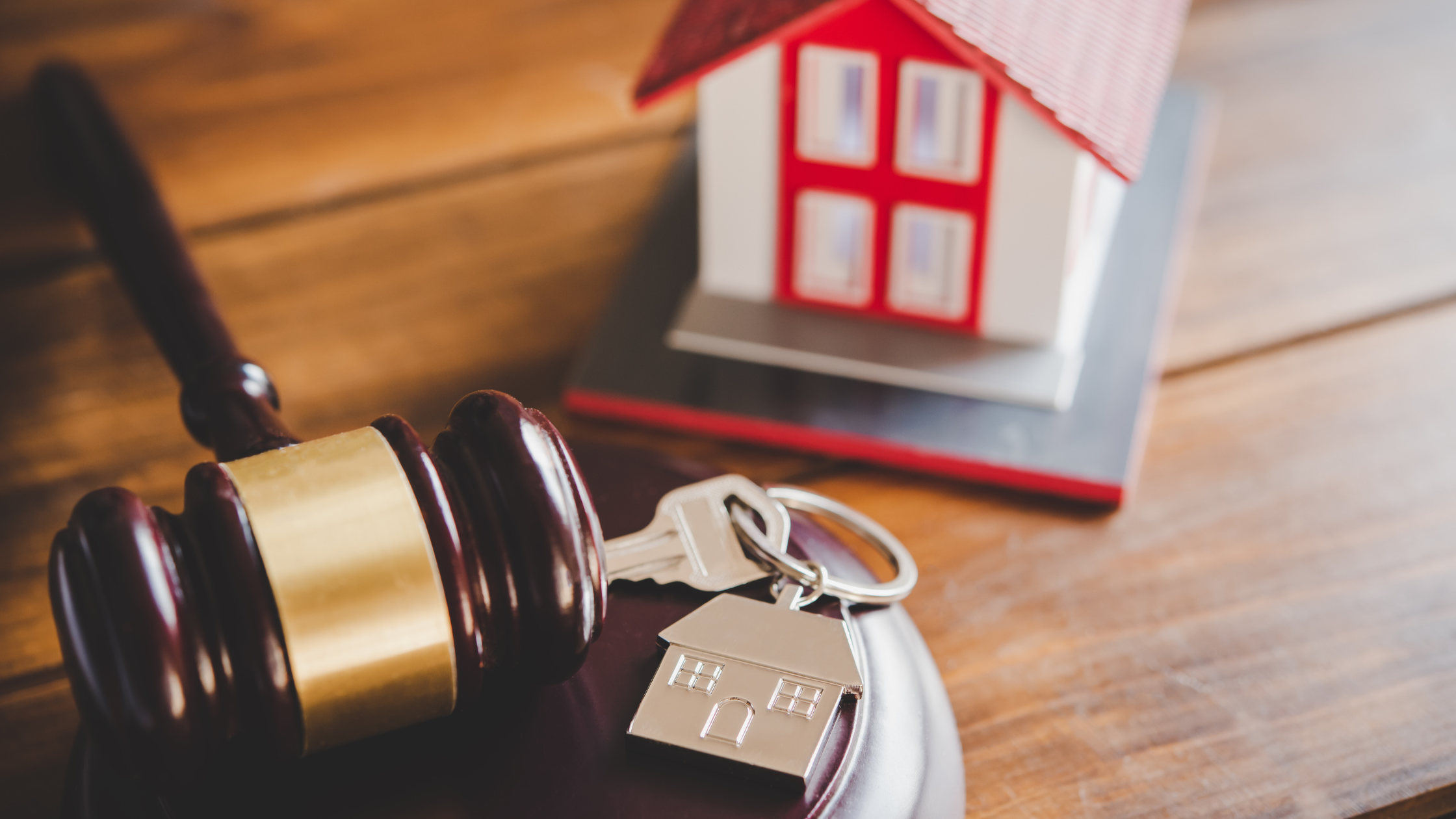 An auction gavel lies next to a set of silver keys with a red and white house in the background.